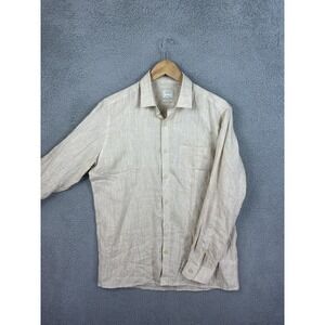 Turtle Tailors Mark Shirt Mens Medium 15.5 Beige Modern Fit Linen Long Sleeve